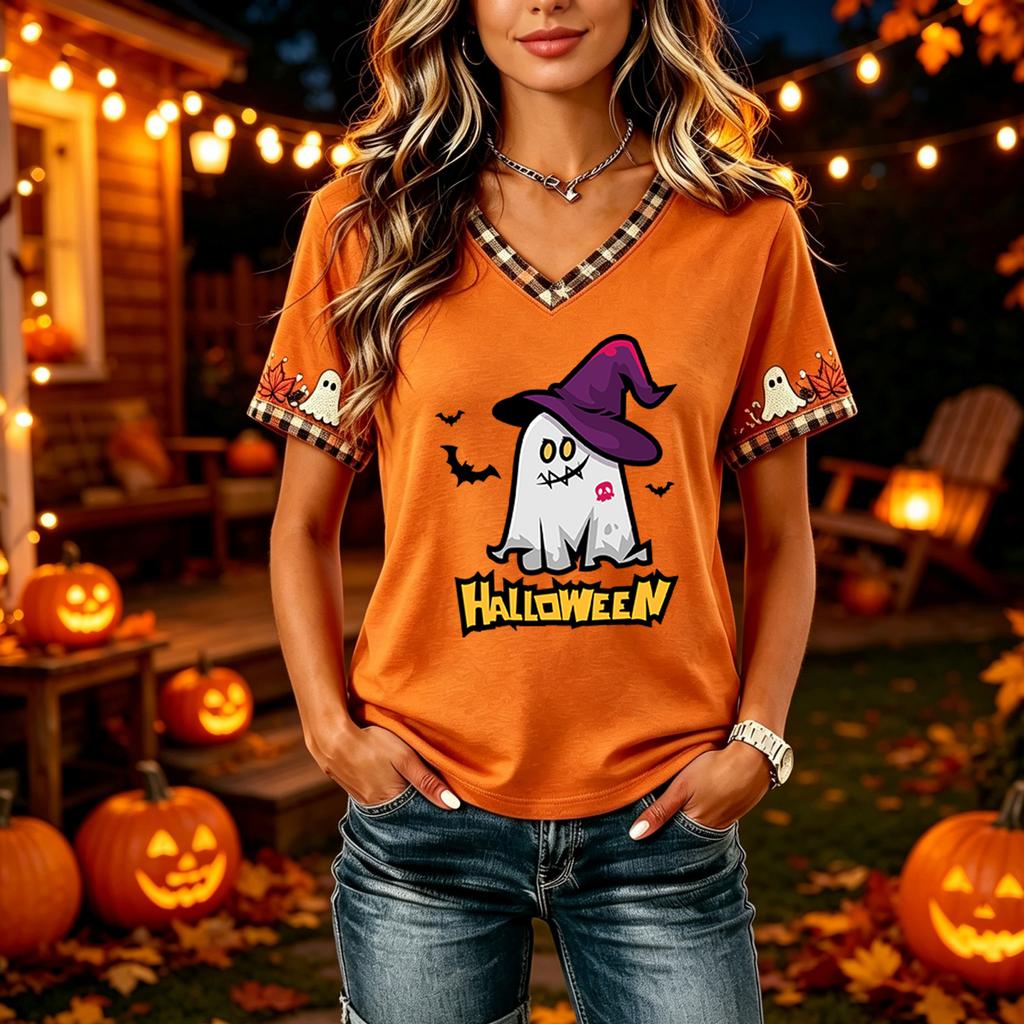 Tricouri Femei Halloween cu Decolteu în V Top cu Dovleac Tricou Casual Top pentru Petrecere de Sărbătoare