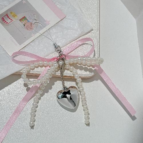 French Ribbon Pearl Bow Style Bag Charm Versatile Keychain Pendant Heart Drop for Schoolgirl Kawaii Key Holder Cute Accessory