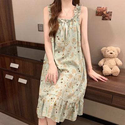 Bow Nightdress Women's Summer New Sweet Style Korean Version Loose Printing Comfortable Thin Suspender Skirt Loungewear