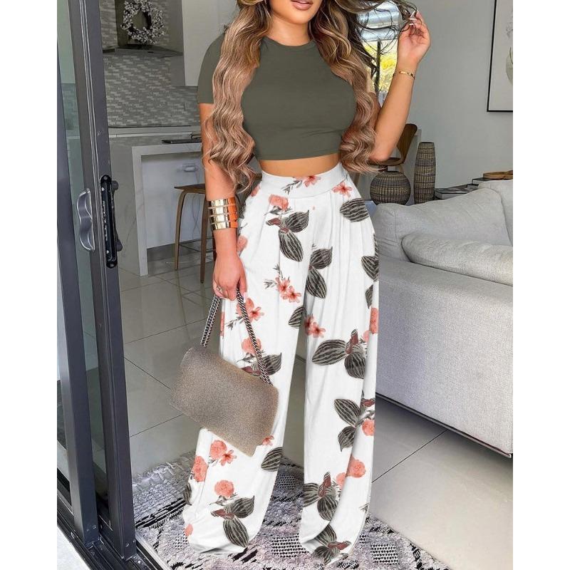 YYFS Pantaloni da donna alla moda casual, estivi e primaverili, tinta unita, con stampa, a maniche corte, con scollo a V