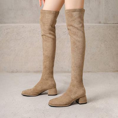 Korean Version of Medium Heel Suede Over-knee Boots Women's Round Head Square Heel Large Size Women's Boots Rubber Sole Autumn and Winter New Martin