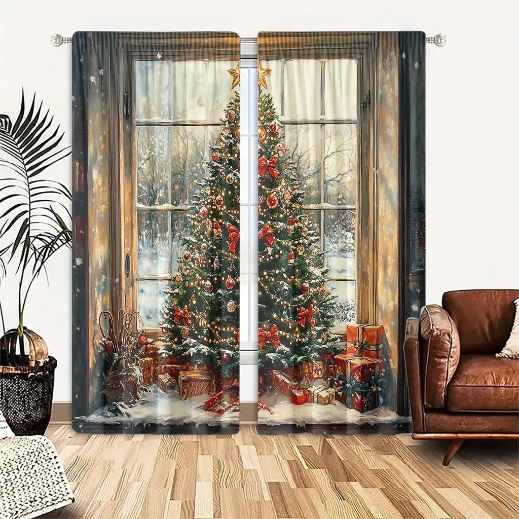 Set Of 2 Christmas Tree Curtains Polyester Bedroom Living Room Office Decor Curtain Light Filtering With Rod Pocket Machine Washable Ideal For Great