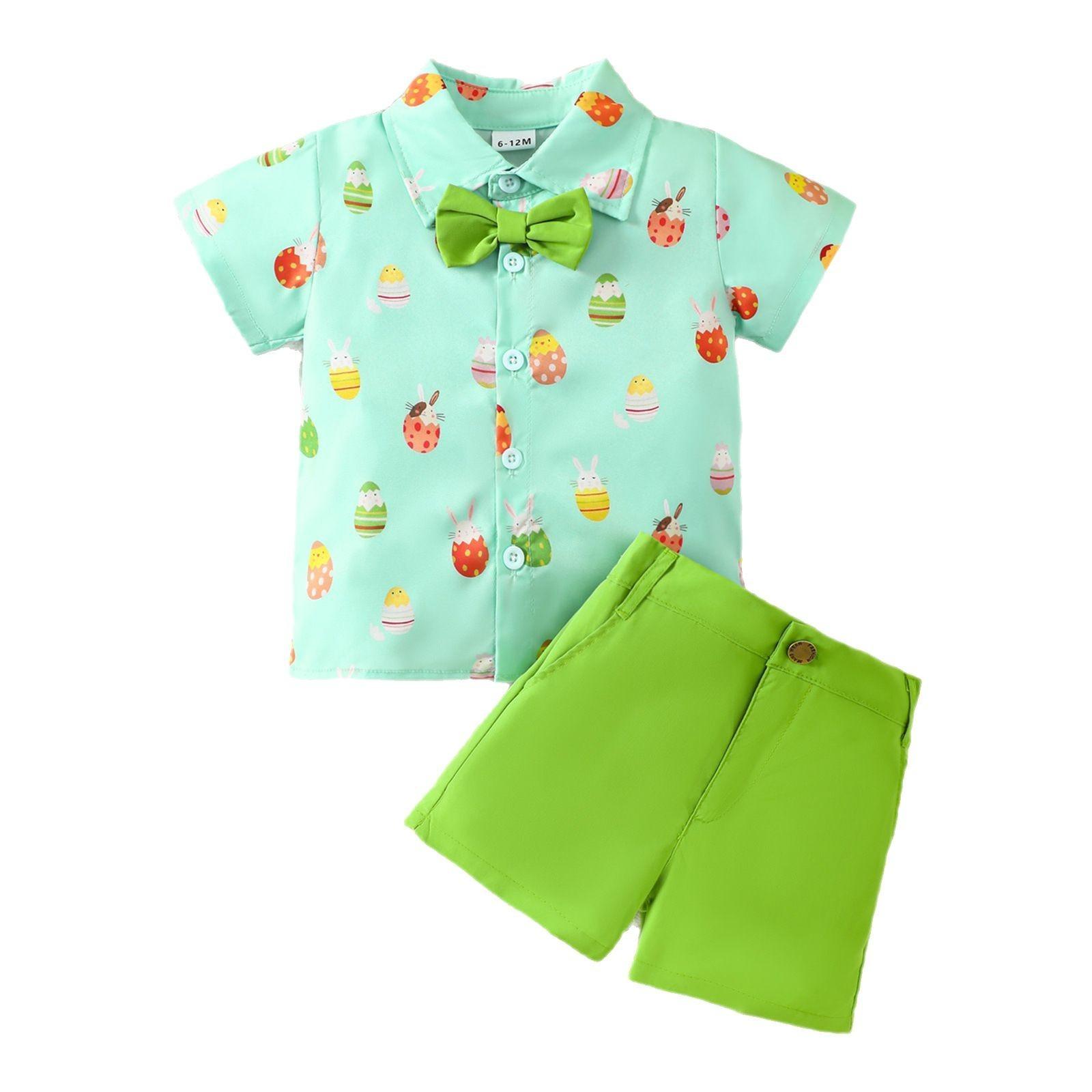

Children s Fashion Cartoon Short Sleeve Top With Bowknot Shorts Set зелений