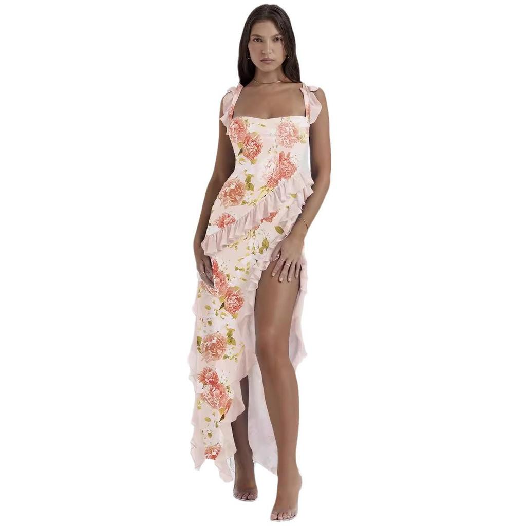 2024 Französisches Rüschenkleid mit Schlitz für den Sommer für Damen