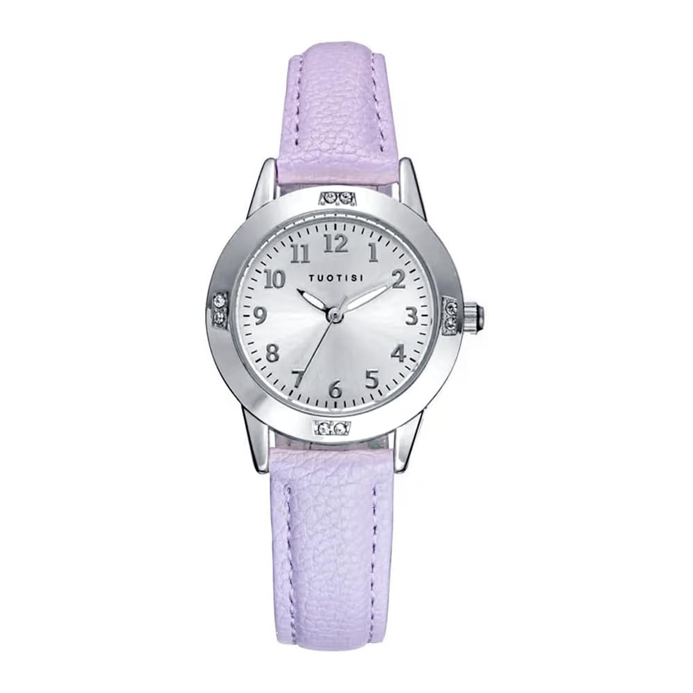 Tuotisi Girls Quartz Round Face Analog Watch with Arabic Numerals Everyday Waterproof Cute Design for Women Purple Silver