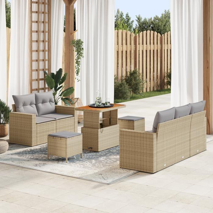 Ensemble de canapés de jardin 8 pièces avec coussins beige en rotin synthétique acacia, Ensemble de salle à manger de jardin 3361562