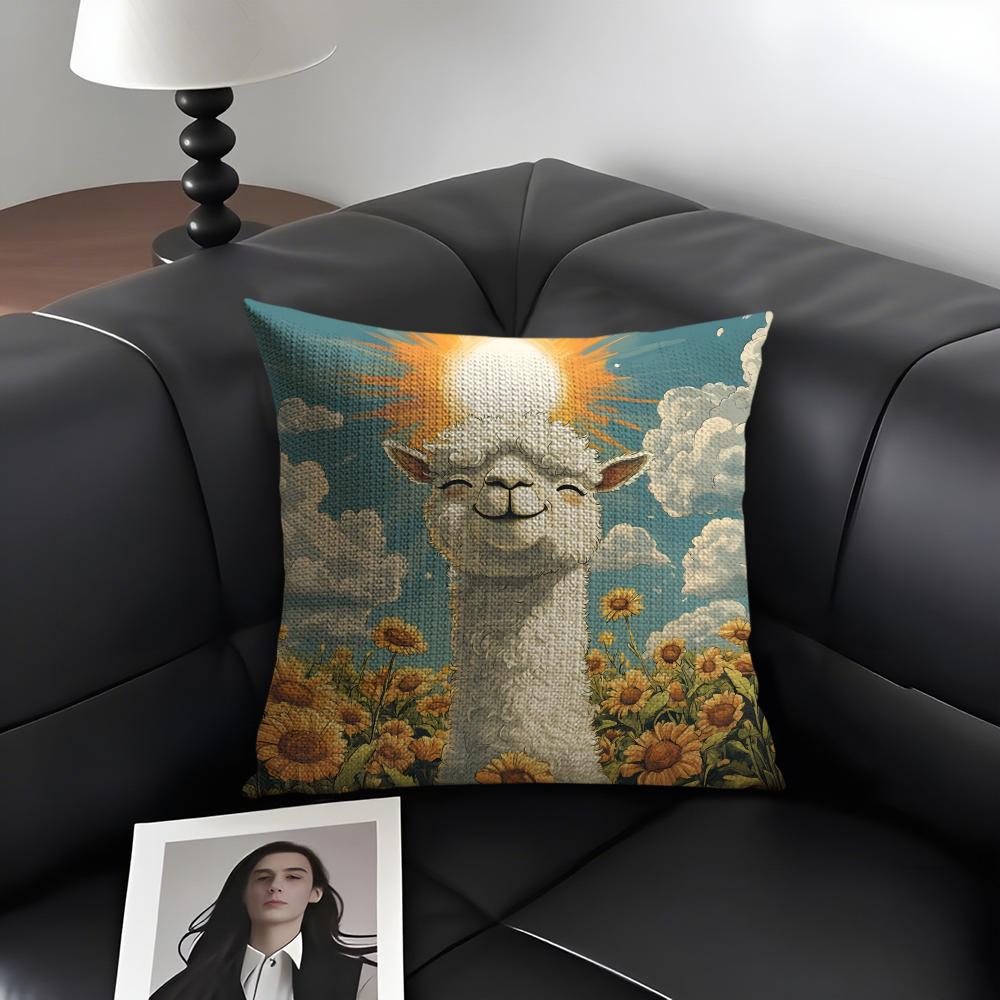 Alpaca Cute Cushion Cover Natural Linen Organic Fabric DoubleSided Printing Sofa Home Decor Gift Pillow Case