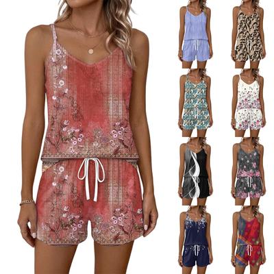 Damen Sommer Lässiges Zweiteiliges Set Blumenmuster Tanktop Quadratischer Ausschnitt Ärmellos Sportbekleidung Mit Taschen Kordelzug Taille Shorts