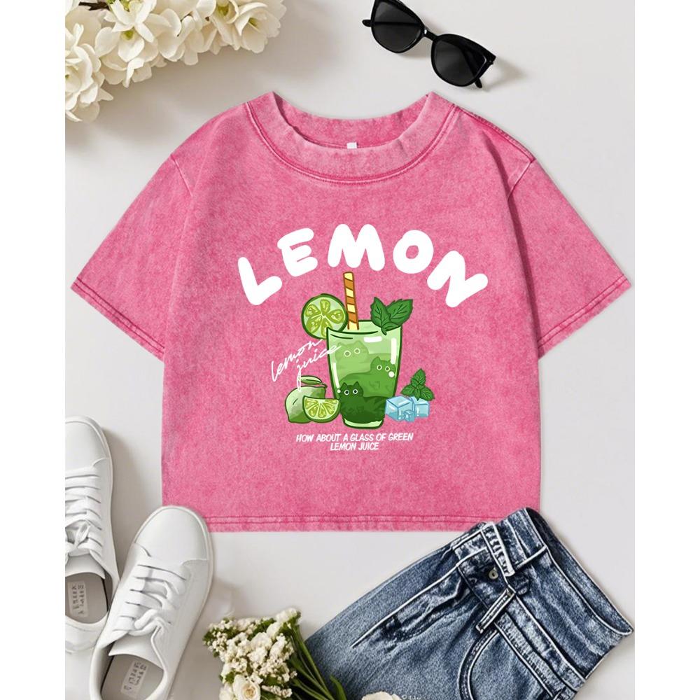 Lemon Cat Juice Print Women Washed T-Shirt Casual Multicolor T Shirts Slim Y2K Crewneck Top Cotton Crop Streetwear