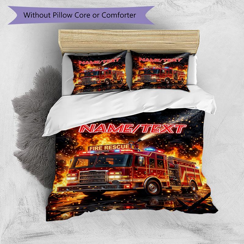 3PC Custom Name Fire Truck Action Bedding Set Duvet Cover Closure Includes 1 Duvet Cover & 2 Pillowcases for Bedroom