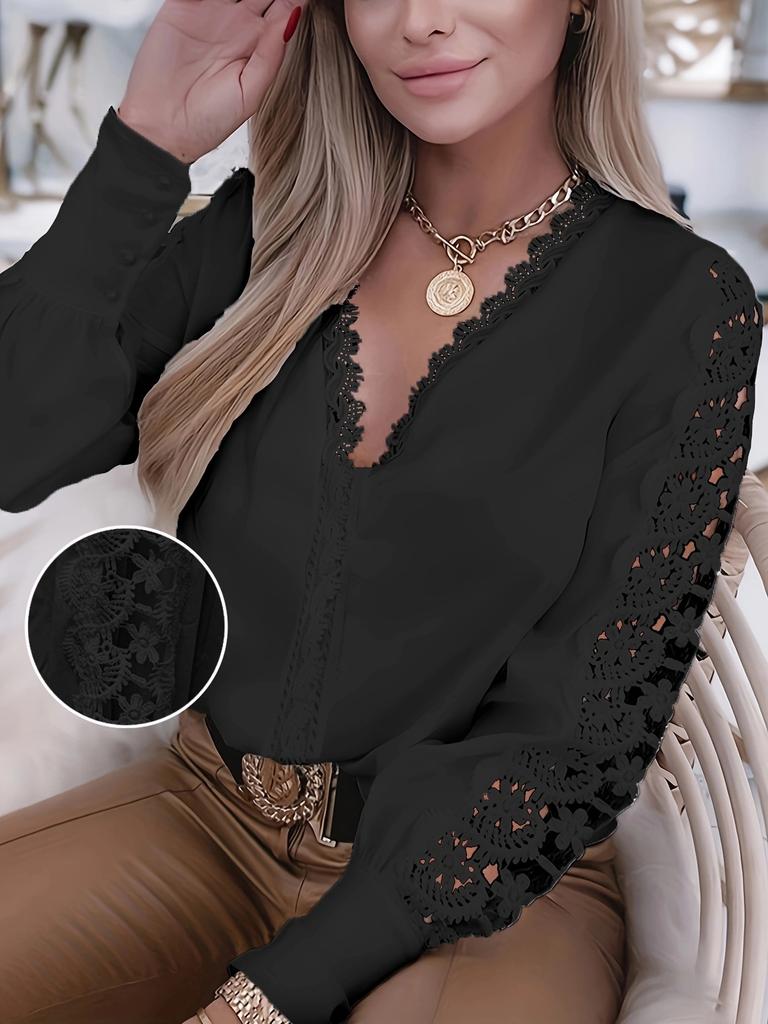Trendy Women's V-Neck Lace Splicing Shirt for Autumn and Winter EMA