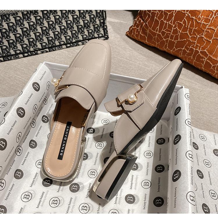 Leather Cool Slippers Women's Bag Head Half Slippers Wind Heelless Lazy Shoes Thick Heel Summer Wear Muller Shoes Women