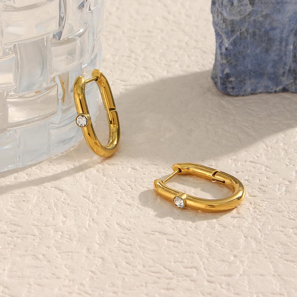 Drop Ship Gold Plated Stainless Steel Hoop Earring U Shape Huggie Hoop Cubic Zircon Diamond Earrings Piercing Jewelry