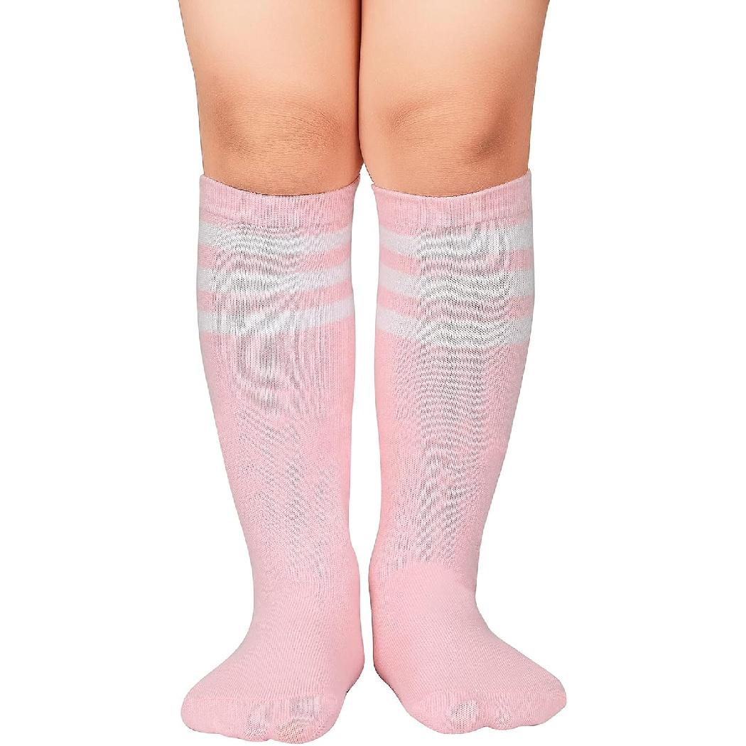 Kids Socks Knee High Uniform Sports Soccer Socks Stripes Tube Socks for Child Boys Girls 1 Pack Pink & White