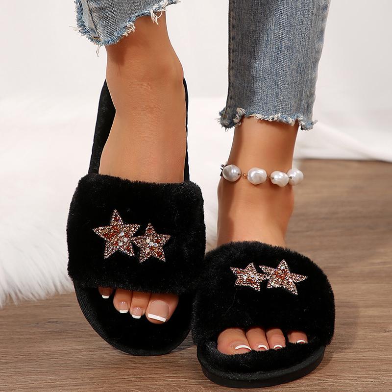 

Модные пушистые домашние тапочки-слайды с бабочкой из страз для женщин, осенне-зимние теплые плюшевые, женские тапочки с открытым носком, удобные и мягкие 36-37