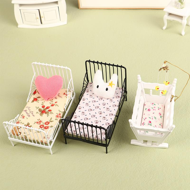 1:12 Dollhouse Mini European Iron Bed Cradle Bed Cushion Mattress Bedroom Decor
