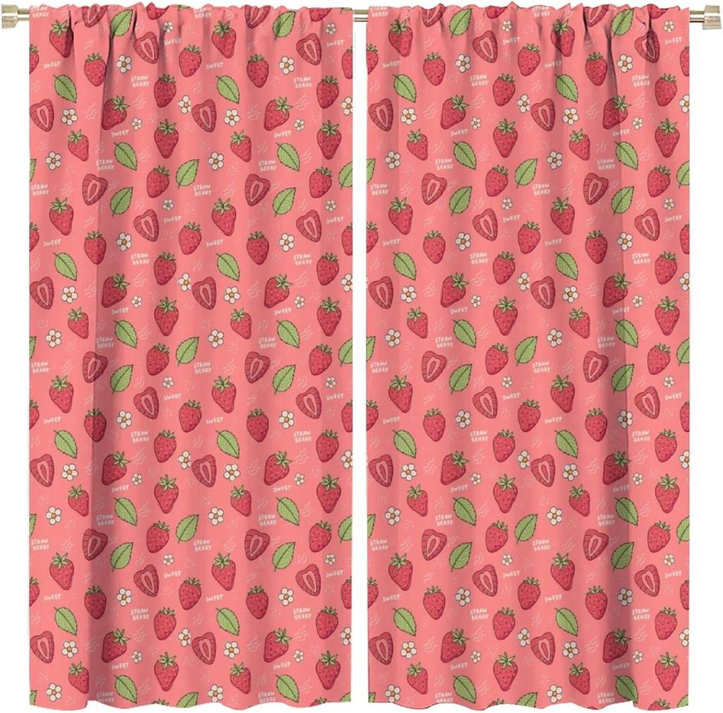 Boho Strawberries Curtains Cute Pink Bohemia Fruit Rod Pocket Blackout Window Treatment for Kitchen Living Room Girls Woman Room