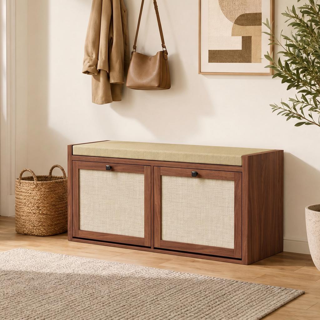 Rattan Shoe Bench With Padded Cushion And 2 Cabinets For Hidden Storage Brown
