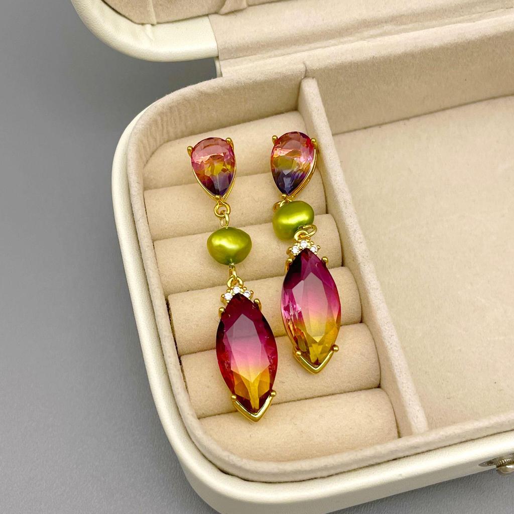 Original Japanese & Korean Iridescent Water Drop Crystal Glass Freshwater Pearl Tassel Earrings - Niche Design Ear Jewelry.
