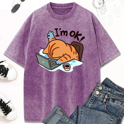 Work Design Cat Water Wash Vintage T-shirt Men's and Women's Summer Fashion Clothing Casual Combination T-shirt