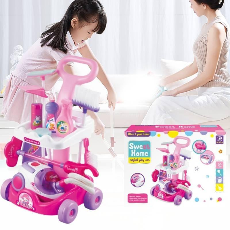 Interactive Kids Play Vacuum Set Plastic Cleaning Tool Cart With Ice Cream Cash Register