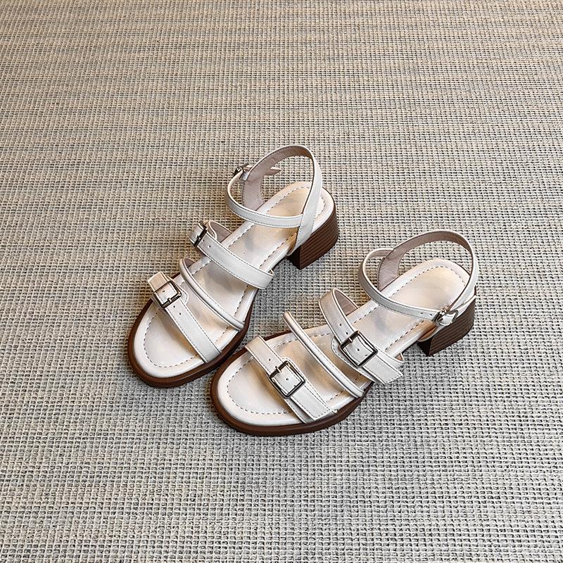Holiday wind summer fashion outer wear open-toed sandals thick heel belt buckle stepping on shit feeling retro middle heel Roman sandals women