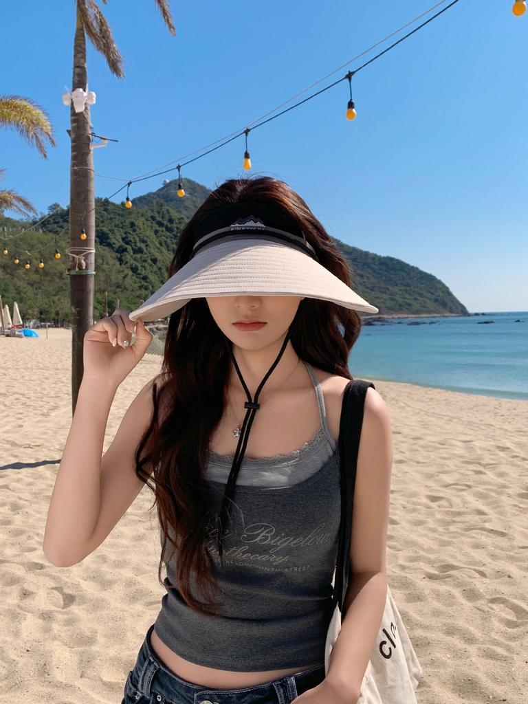 Outdoor Big Edge Empty Top Hat Women's Summer Travel Sun Protection Sun Hat Foldable Ponytail Cycling Sun Hat