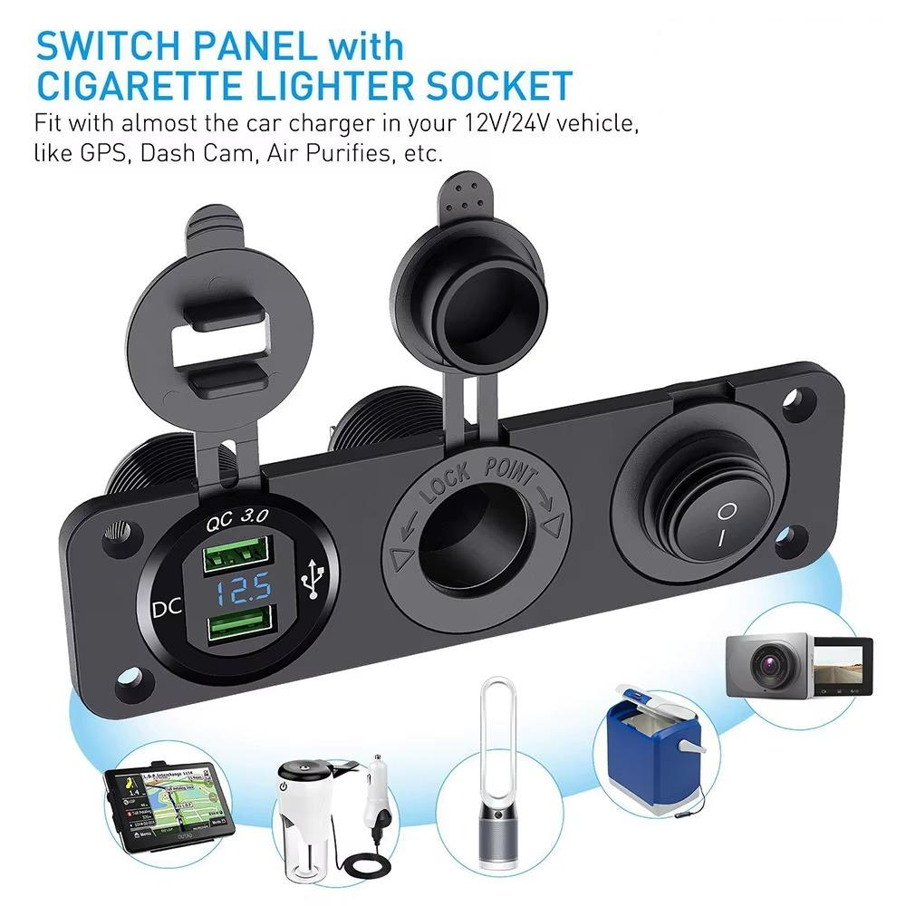 12V Cigarette Lighter Socket 3 in 1 Waterproof Car Dual QC3.0 USB Outlet Panel for RV Marine Boat Power Socket Charger Socket