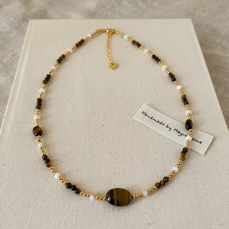Retro Light Luxury Tiger'S Eye Stone Beaded Stackable Necklace Women'S Unique Design Elegant Versatile Neck Chain Collarbone Chain