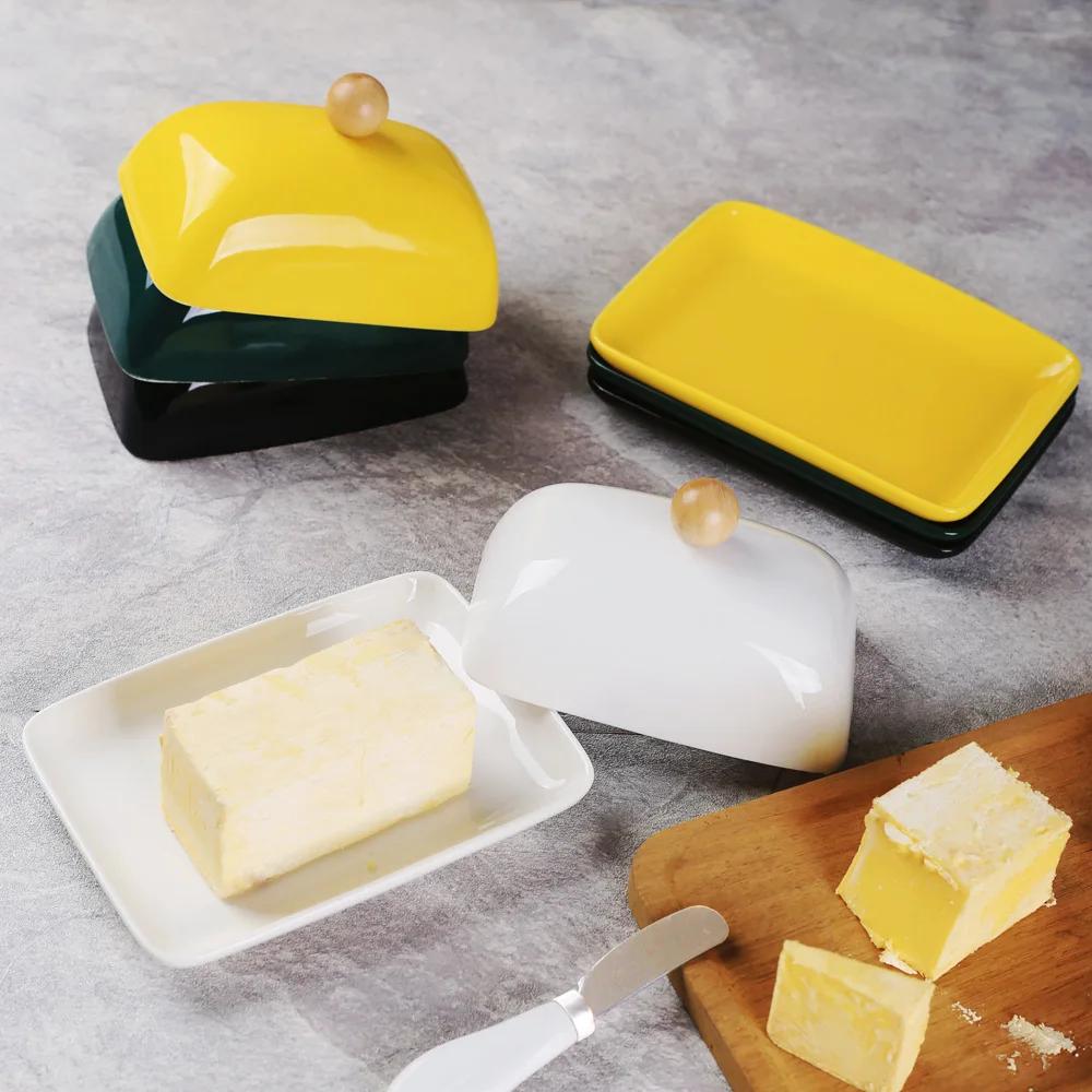 Ceramic Butter Dish with Lid Western Cheese Butter Box with Stainless Steel Butter Knife Restaurant Decorative Kitchen Supplies