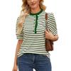 Women Casual Loose Striped Ruffled Collar Short Sleeve T Shirt Top
