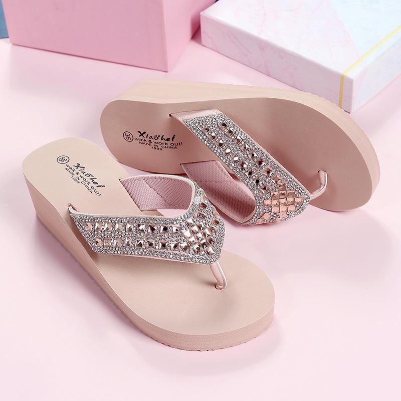 Women's Rhinestone Slide Sandals - Fashionable Summer Wedge Flip-Flops for Outdoor and Beach Wear