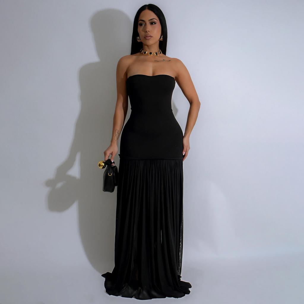 Sexy Backless Evening Dress for Women - Mesh Panel Solid Color Strapless Club Party Dress