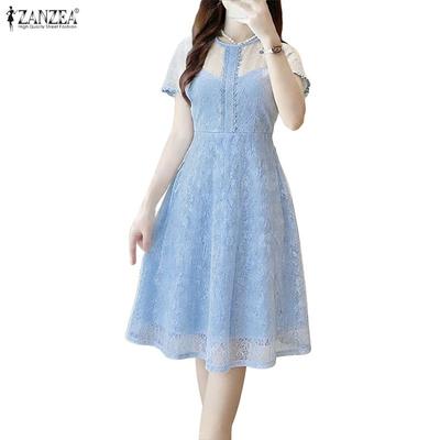 Robe Décontractée d'Été à Manches Courtes en Dentelle à Col Rond pour Femmes