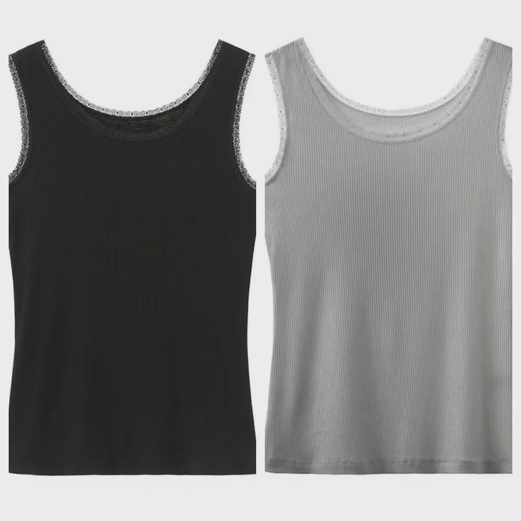 Damen Modal Geripptes Tanktop mit breiten Trägern und Spitzenbesatz - Frühling/Sommer Übergröße Lockere Passform