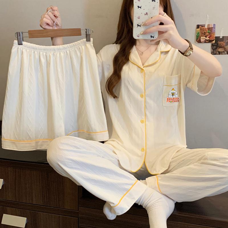 Cute cartoon summer pajamas women's simple jacquard imitation cotton short-sleeved student thin loungewear three-piece set