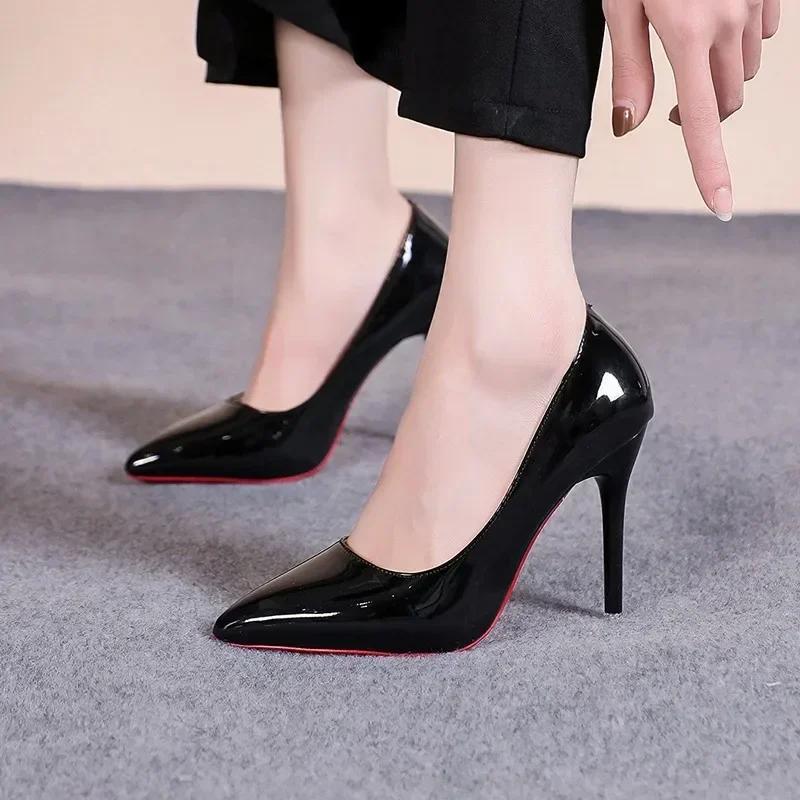 Black Stiletto Heels Pumps Women Patent Leather Office Shoes Woman Plus Size 43 Pointed Toe High Heels Shoes Zapatos Mujer