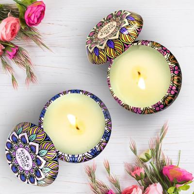 Scented Candles Raksha Bandhan Gift for Sister,60gm Each Soy Wax Eco-Friendly Printed Tin, Pack of 2 (Lavender Citrus & Bulgarian Rose)