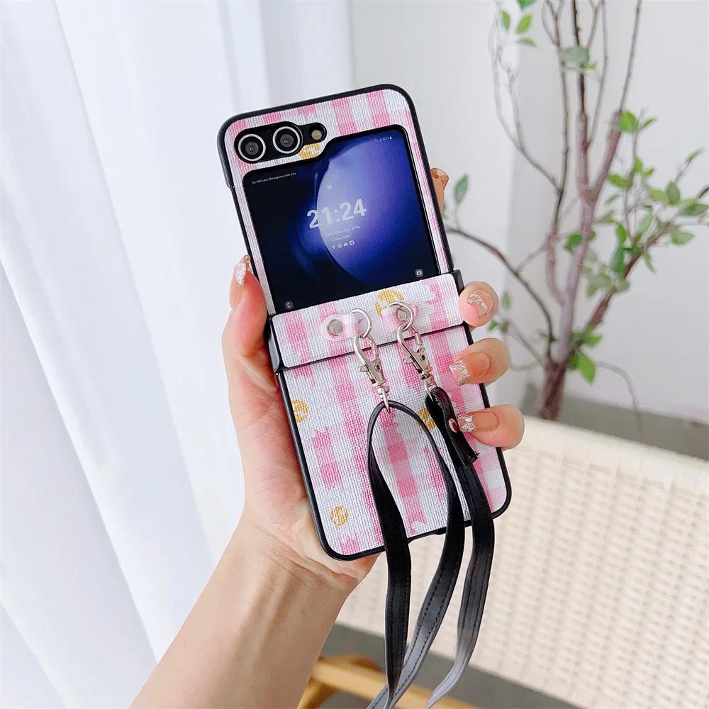 Crossbody Lanyard Lattice Leather Phone Case for Samsung Galaxy Z Flip 6 5 4 3 5G Hinge Protection Shockproof Hard Shell Cover
