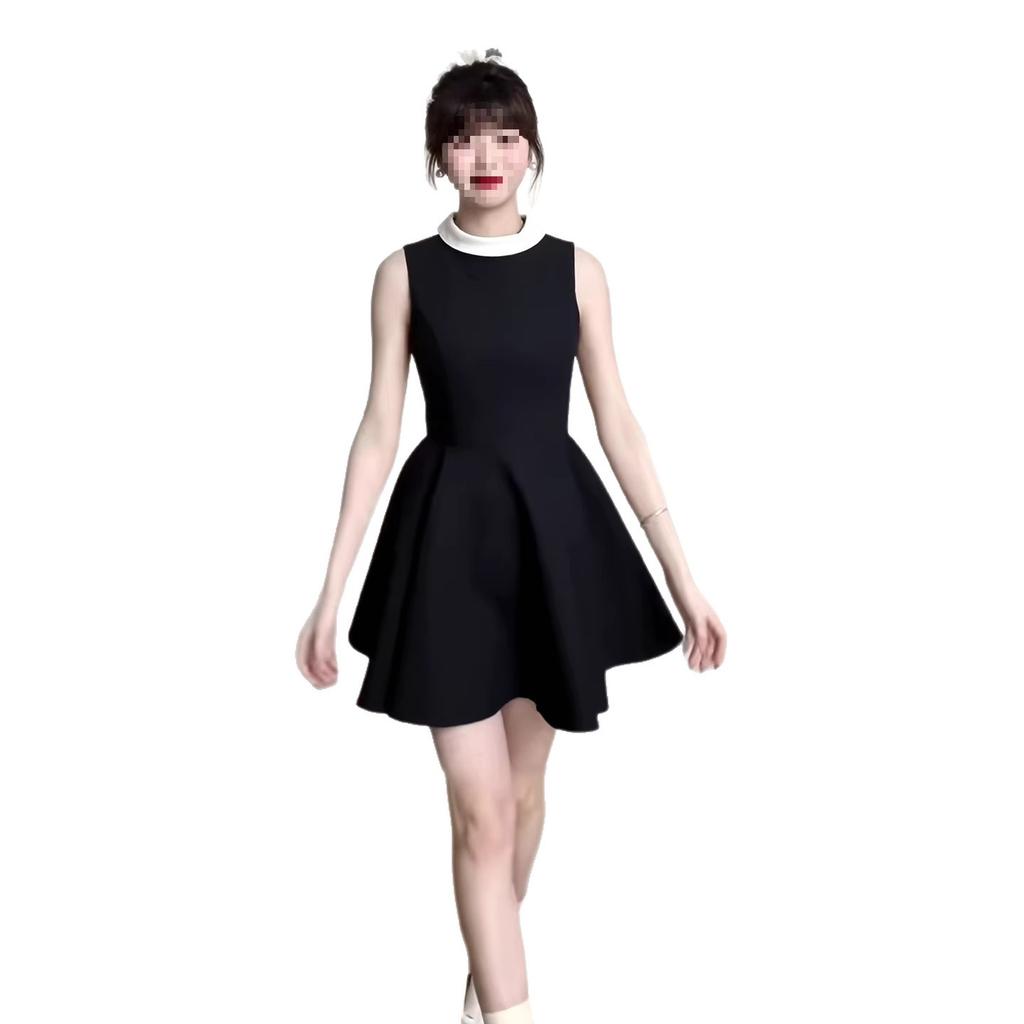 Lined Hepburn Style Sleeveless Black Dress Women's Waist A-shaped Skirt Thousand Gold High-end Skirt Summer New