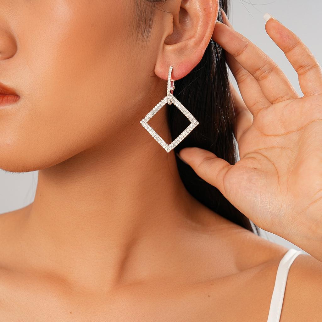 Light luxury style diamond-set square geometric silver needle earrings fashion earrings temperament earrings