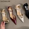 Fashion SUOJIALUN Spring New Women Sandal Fashion Pointed Toe Shallow Ladies Elegant Slingback Shoes Thin Low Heel Outdoor Dress Pumps