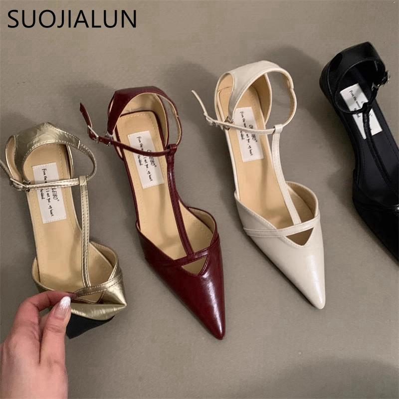 Fashion SUOJIALUN Spring New Women Sandal Fashion Pointed Toe Shallow Ladies Elegant Slingback Shoes Thin Low Heel Outdoor Dress Pumps