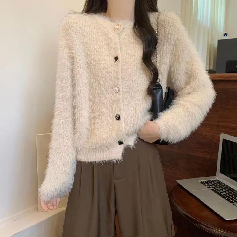 Women's Soft Faux Mink Fur Knit Cardigan - Autumn/Winter Loose Fit, Short, Age-Reducing, Long Sleeve Top
