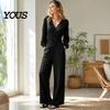 Women Two-piece Suit Women's Long Sleeve 2 Piece Sets, Irregular Hem V Neck Top Everyday Casual And Wide Leg Pants Matching Travel