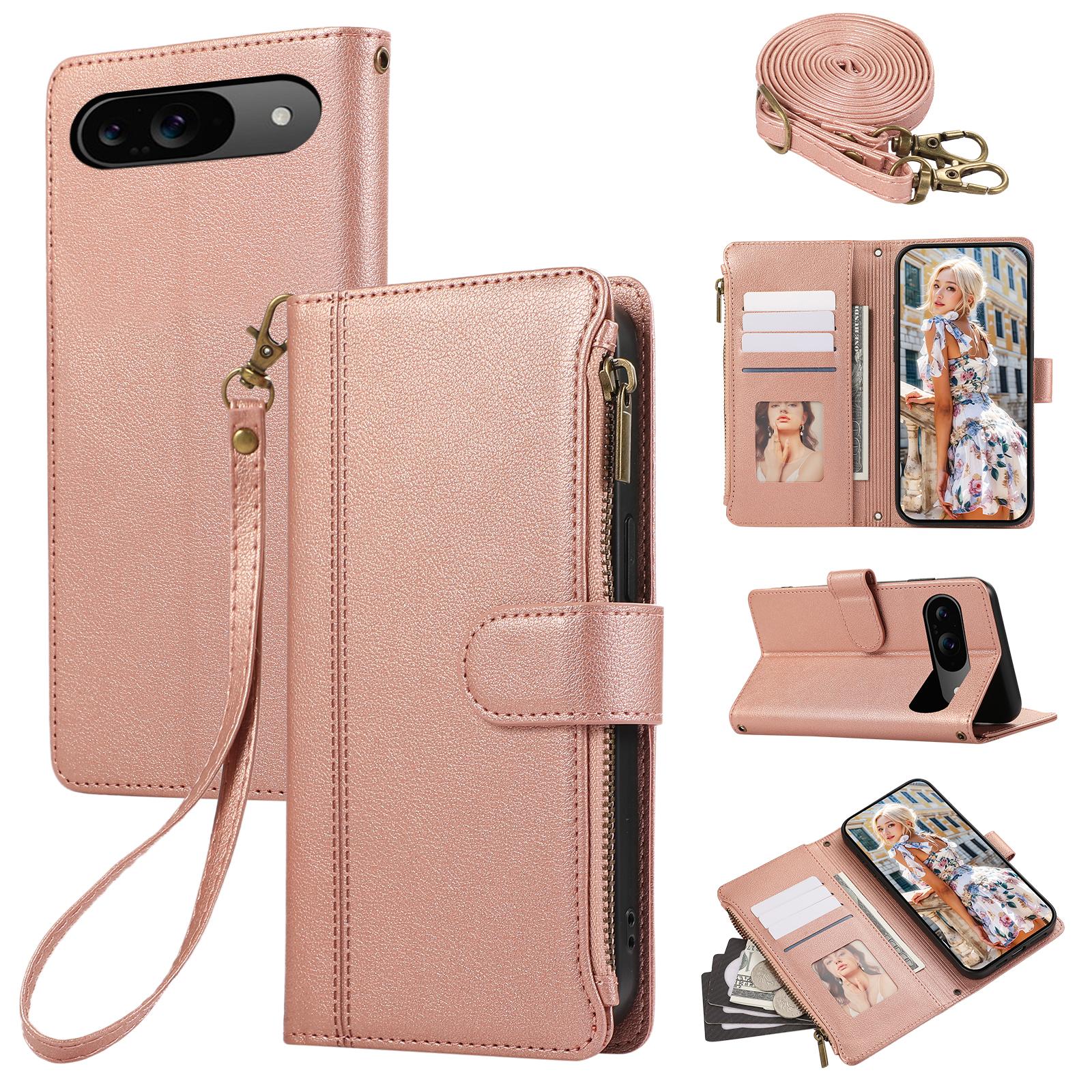 

For Google Pixel 9/9 Pro Case Multi Card Slots Zipper Leather Phone Cover with Shoulder Strap/Wrist Strap Rose Gold
