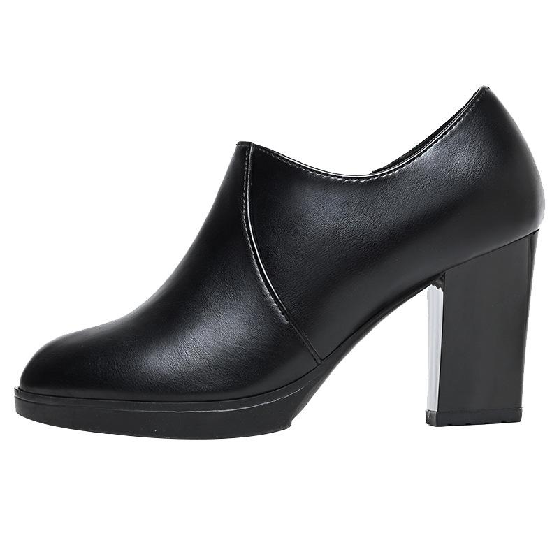 Confort 7cm Elegantes Sapatos Pretos de Salto Alto Bloco Boca Profunda Primavera 2025 Bombas de Plataforma Grossa Couro Macio para Trabalho de Modelo de Escritório