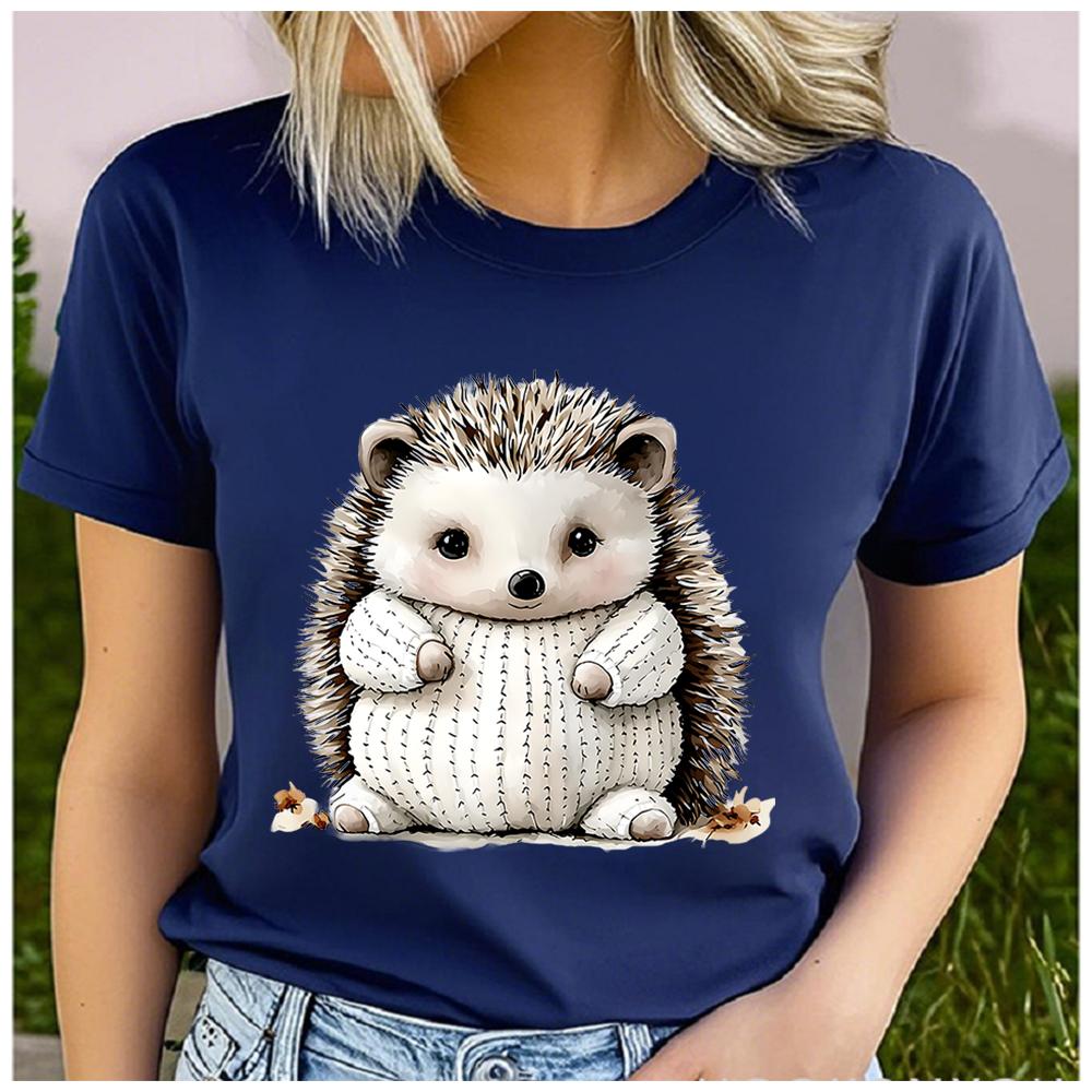 Women's Polyester 100%  interesting hedgehog Print T-shirt Loose round Neck Casual Short Sleeve Fashion Top  Clothing Summer
