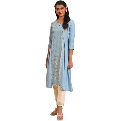 W for Woman Blue Glitter Printed A-line Kurta_23FEW18651-120060_XS