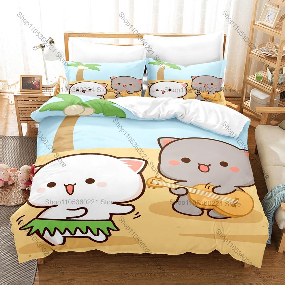 Personality Adorable Peach And Goma Cat Bedding Set New Sweet Couple Printed Duvet Cover Soft Bed Set For Girls Kids Room